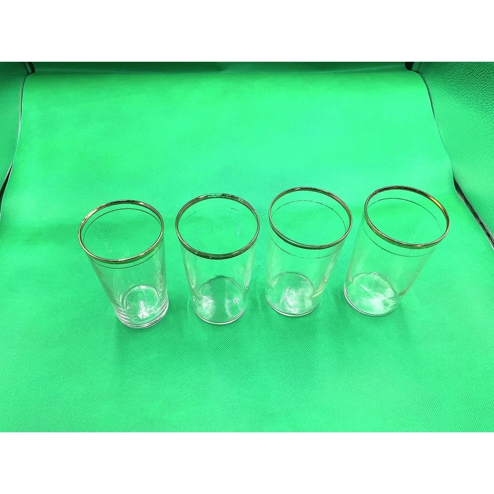 Vintage 1930s Gold‐Gilded Rim Juice Glasses – Set of 4 – Clear Glass with Gold B